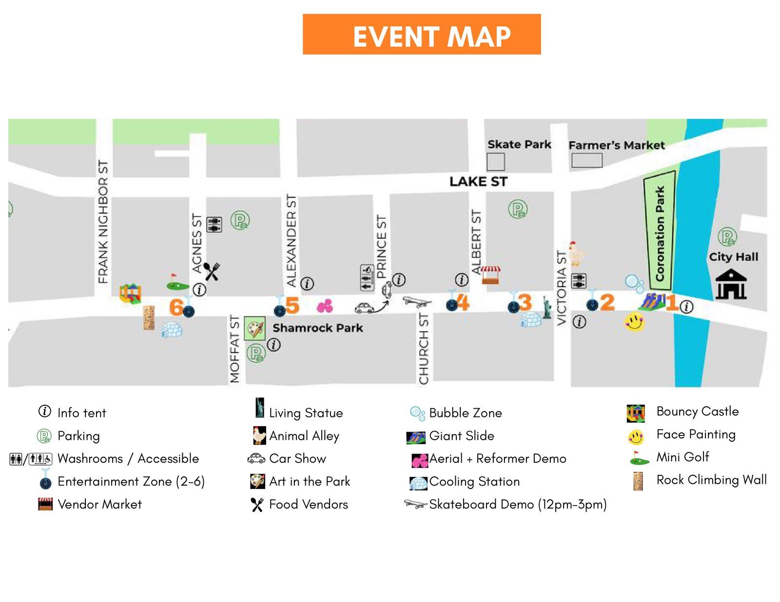Saturday site map: entertainment zones 1 to 6 along the closed downtown streets from Coronation Park west to Frank Nighbor Street, with pins for parking, washrooms, the info tent, vendor market, the car show on Prince Street, art in the park at Shamrock Park, the skateboard demo, a cooling station and the kids attractions.